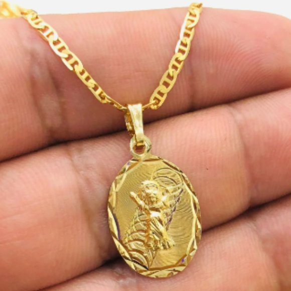 All Yellow Baby Jesus Medal Mariner link Chain 18" for Girls Boys Ladies 22x14mm - Picture 1 of 10